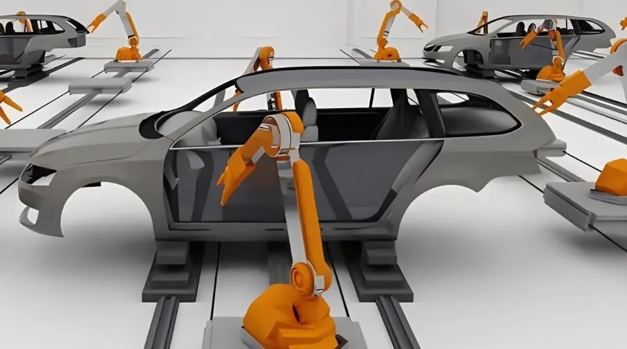 Orange robotic arm assembling grey car body parts