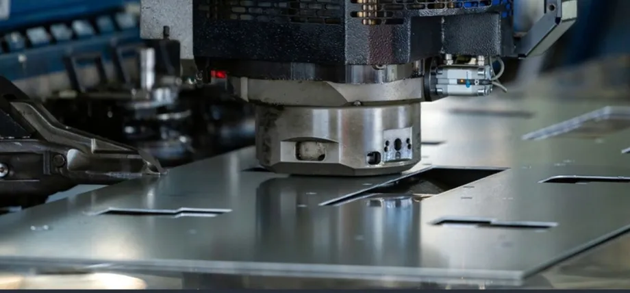 CNC turret punch press actively punching holes and cutouts in flat sheet metal blank during sheet metal box fabrication process.