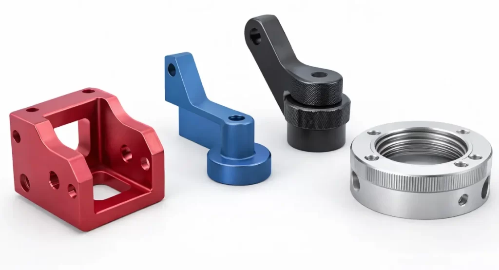 Four sulfuric acid anodized aluminum CNC-machined parts in red, blue, black, and natural silver finishes on a white background