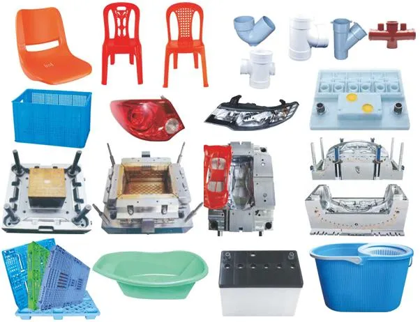 A collage of various injection-molded plastic products, including chairs, pipe fittings, automotive tail lights and headlights, storage crates, a basin, a battery casing, and a mop bucket, alongside examples of injection molds used to produce them