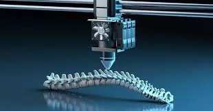 A 3D printer rendering a human spinal column model, illustrated in a futuristic blue-toned style to highlight medical and biomedical applications of 3D printing technology