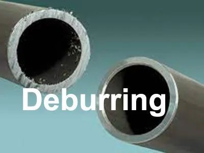 Two metal pipes side by side, one with rough, uneven burrs on the edge, and one with a smooth, clean edge after deburring