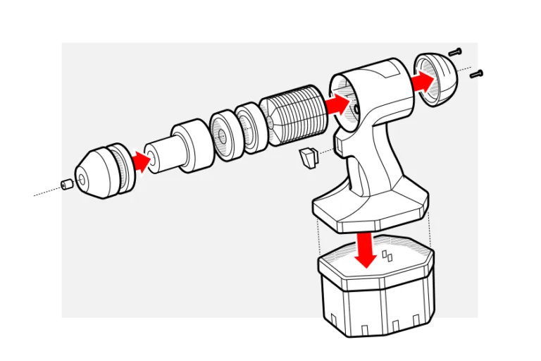 Exploded view of power drill showing assembly sequence with red arrows