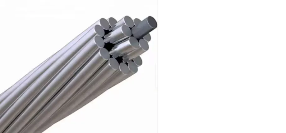 A close-up cross-section of a stranded aluminum electrical cable, showing a central dark core surrounded by multiple spiraled silver-colored wires.