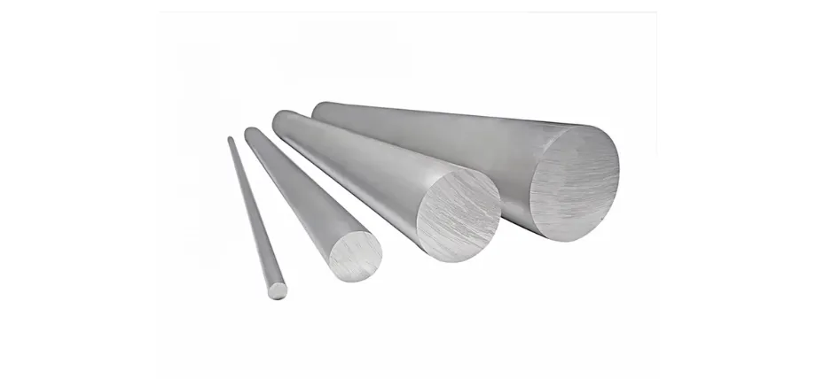 Four solid, cylindrical aluminum alloy rods of varying diameters are arranged diagonally against a white background