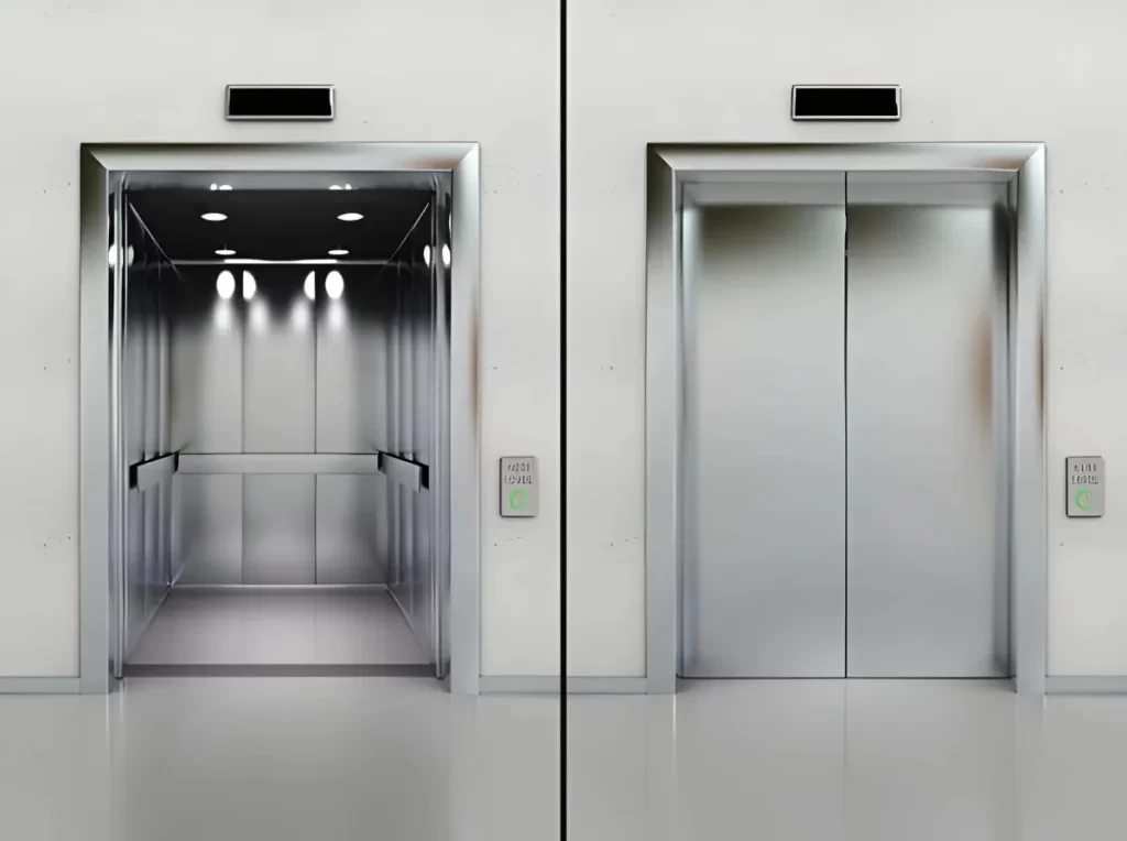 A side-by-side look of an open and closed elevator made of 304 SS.