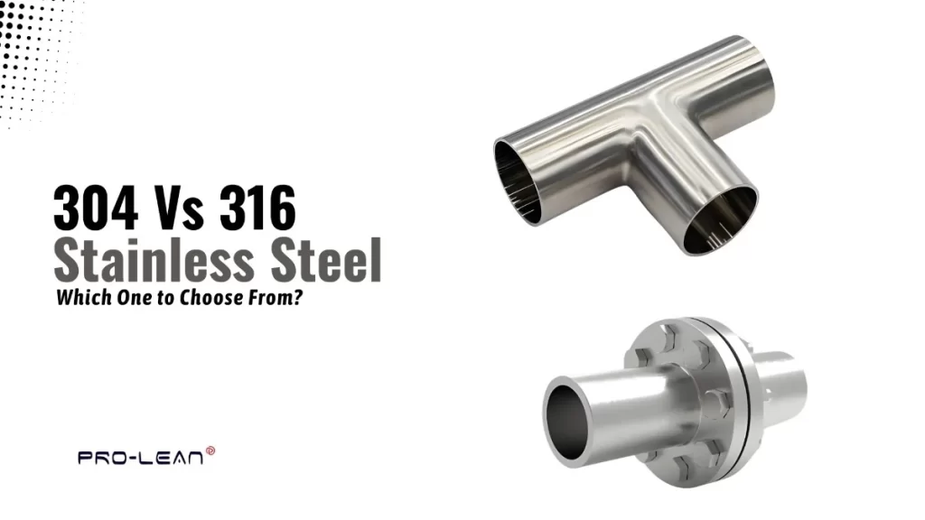 Blog’s feature image with stainless steel flange and elbow, and overlaid text (304 Vs 316 Stainless Steel.