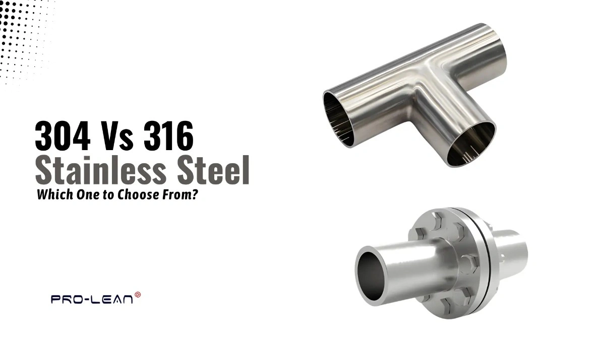 Blog’s feature image with stainless steel flange and elbow, and overlaid text (304 Vs 316 Stainless Steel.