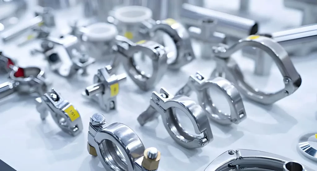 Stainless steel clamps and pipe fittings arranged on a table. These are designed for precision engineering and hygienic applications in the food and pharmaceutical industries.