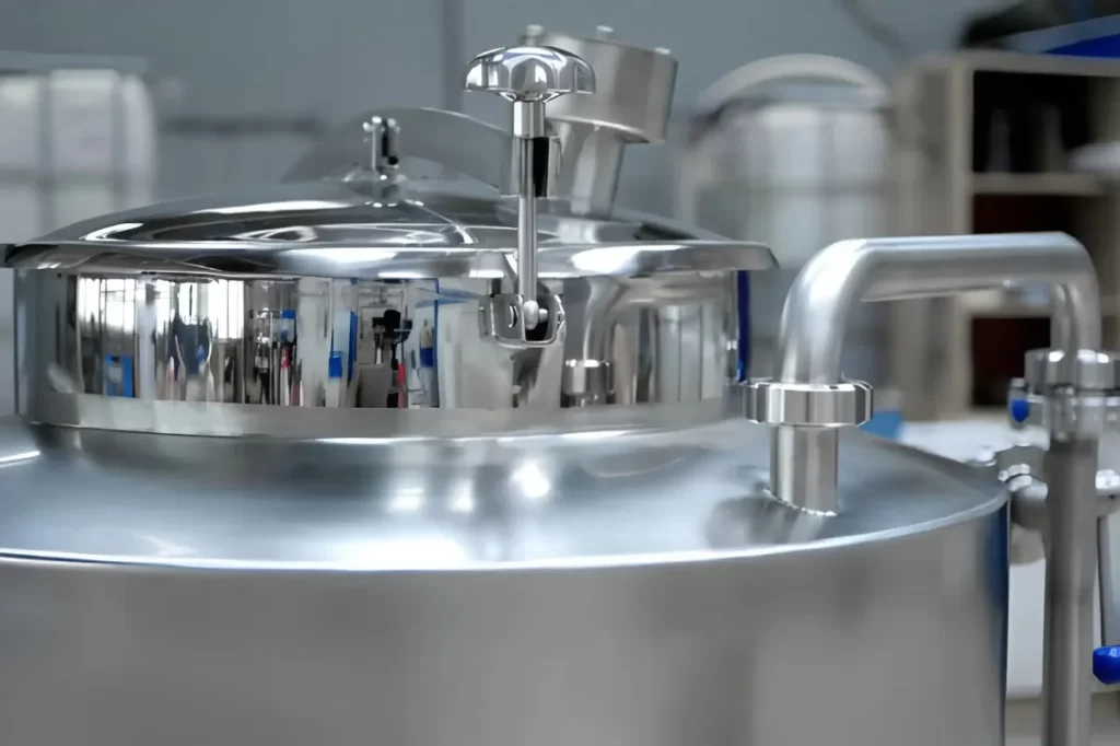 A 316 stainless steel tank for stirring and storage, used in the food industry.