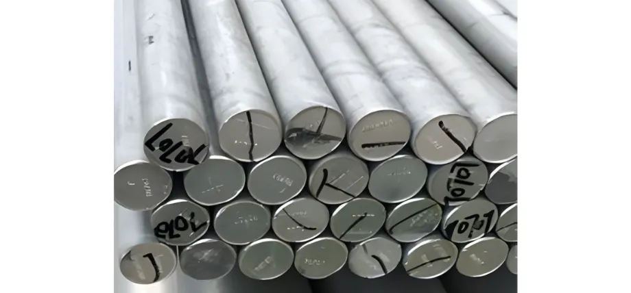 A close-up view of stacked aluminum cylinders with black handwritten identification codes marked on their flat ends.