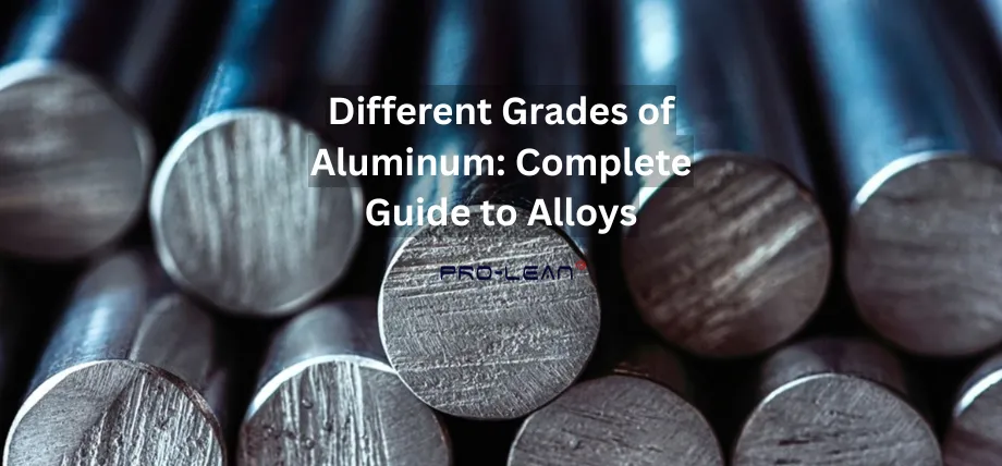 Close-up view of multiple polished aluminum alloy round bars and rods stacked closely together with text “Different grades of aluminum: complete guide to alloys