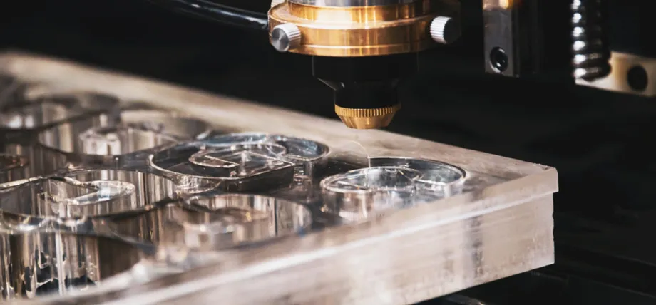 A laser cutting head precisely engraving or cutting a thick, clear sheet of transparent acrylic (PMMA)