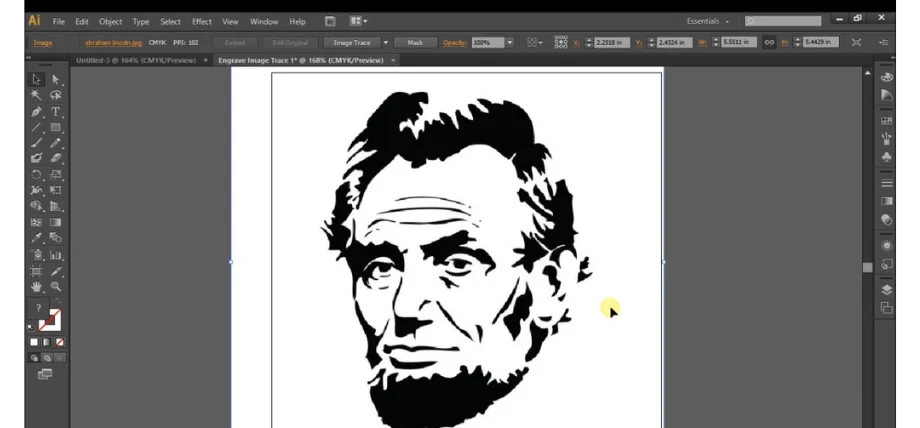 Adobe Illustrator interface displaying a black vector stencil of Abraham Lincoln's portrait for engraving.