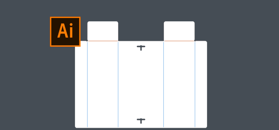 Adobe Illustrator icon next to a white rectangular sheet with blue vertical lines and black tabs, on a dark background