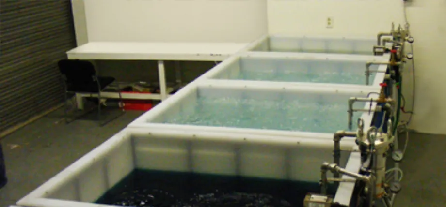A series of large industrial dip tanks containing blue and clear chemical solutions for a multi-stage metal finishing process.