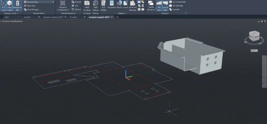 AutoCAD workspace showing a 3D sheet metal enclosure model alongside its unfolded 2D flat pattern with red bend lines.
