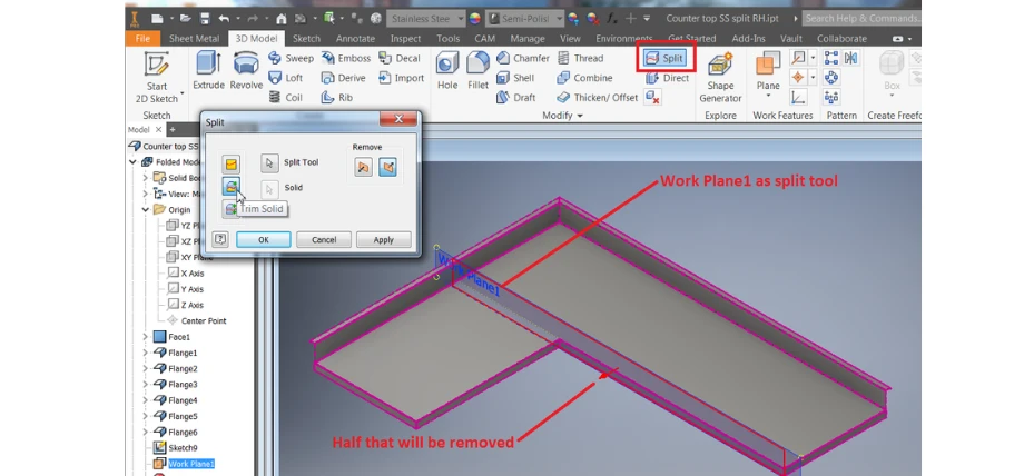 Autodesk software interface showing a 3D model with a split tool applied to a folded sheet metal part, highlighting the removed half.