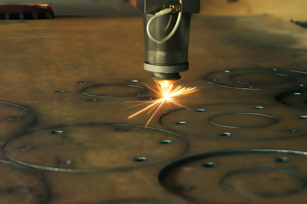 The image depicts a CNC laser machine cutting through a thick metal sheet, producing visible sparks.