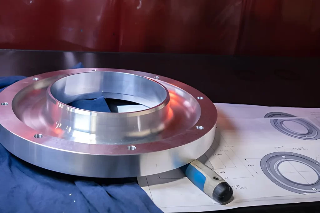 Stainless steel flanged metal ring produced by CNC machining, placed on its technical drawing.