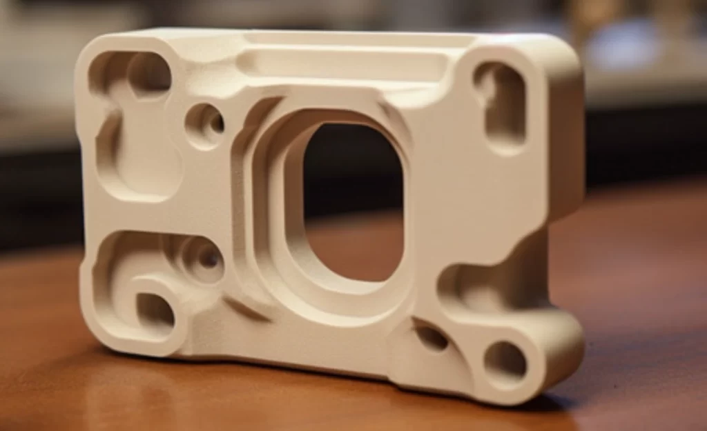 Beige PEEK component with precision-machined mounting holes and central rectangular port