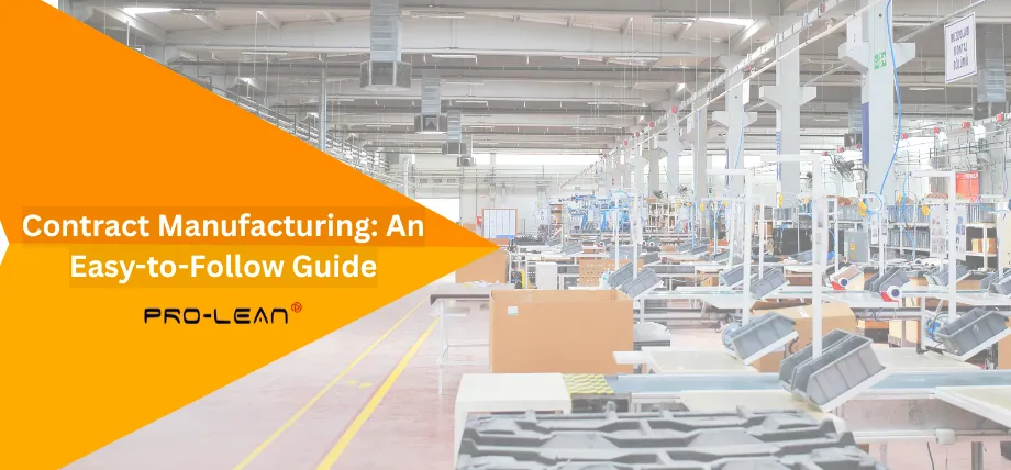 Modern manufacturing facility with assembly lines and workstations. Orange overlay features text