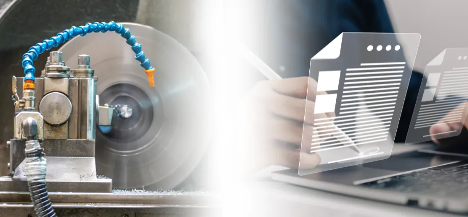 Split image showing precision machining tool on the left and hands signing digital documents on a tablet on the right, representing contract manufacturing processes.