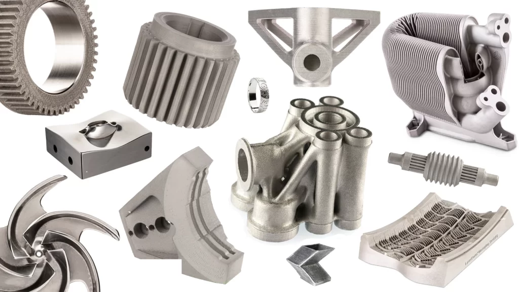 A collection of different metal 3D printed parts like gears, brackets, and heat exchangers
