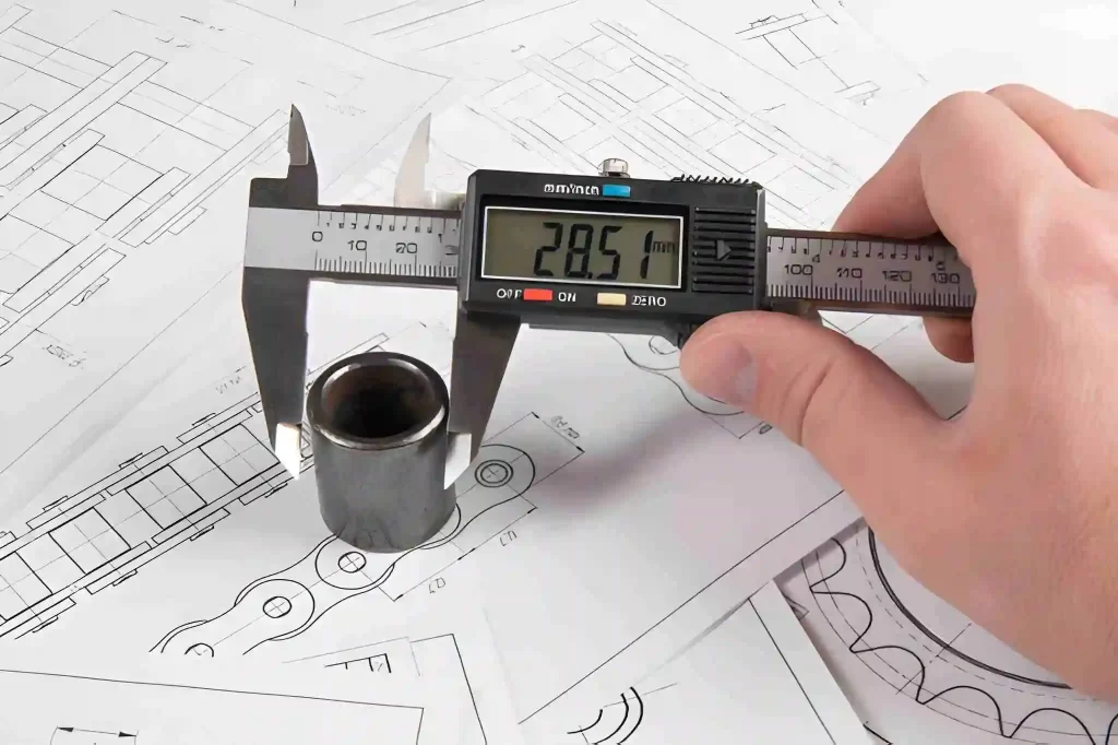 An engineer measuring a metal component with a digital calliper to ensure precise dimensions and accuracy.