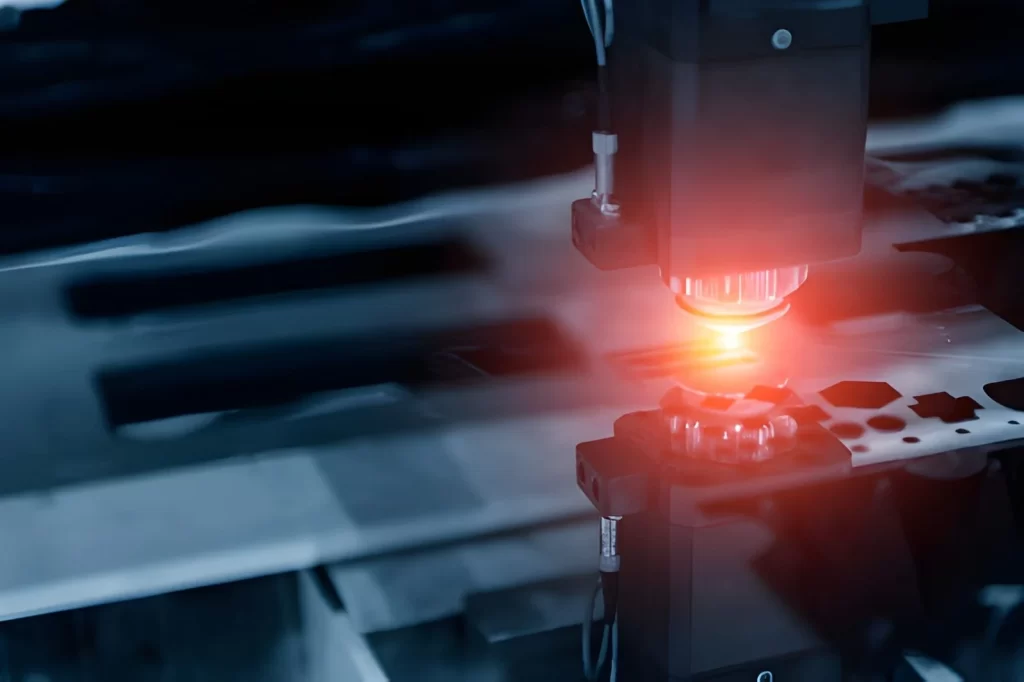 Diode laser cutter cutting a sheet of metal with visible sparks during the process.