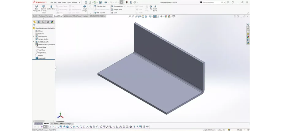 SOLIDWORKS Sheet Metal module modeling a gray L-shaped bent metal part in 3D.