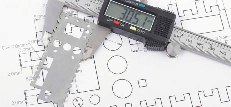 Digital caliper measuring a small laser-cut metal part on a technical drawing with dimension annotations.