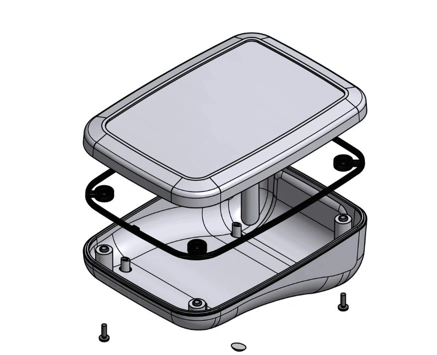 A 3D model of an injection molding enclosure, showing the top cover and bottom base with seals