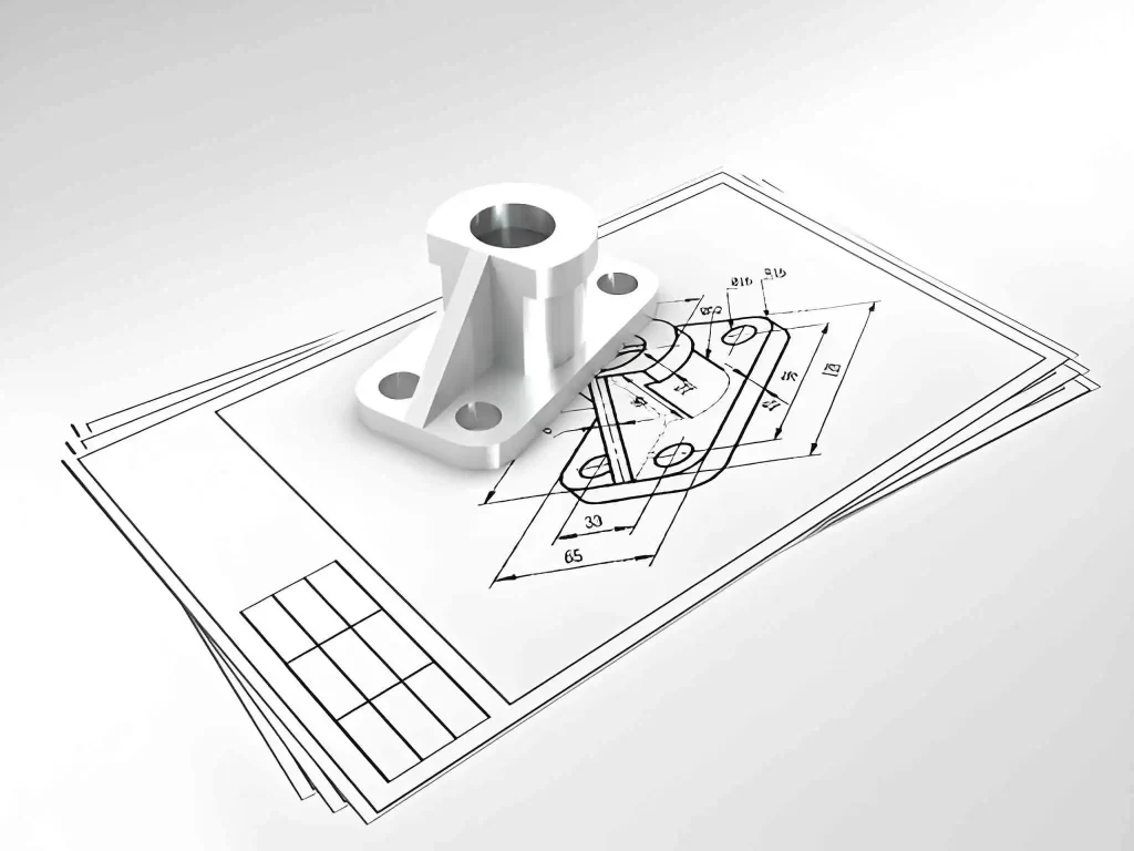 A detailed engineering sketch shown beside the actual machined part, illustrating design and final product comparison.