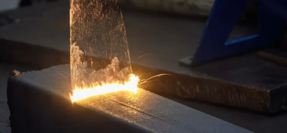 a broad laser visibly removing material from a metal surface with yellow flame