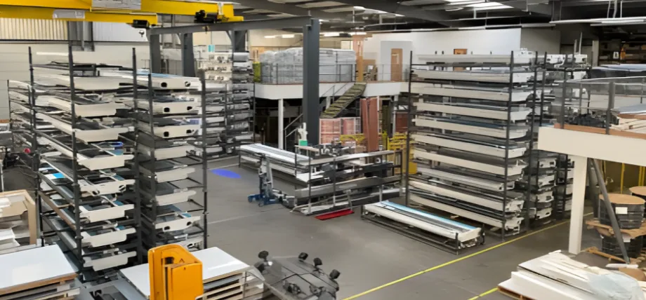 Spacious warehouse with tall metal racks holding numerous flat components and assemblies, featuring marked floor lines and overhead crane in a contract manufacturing facility.