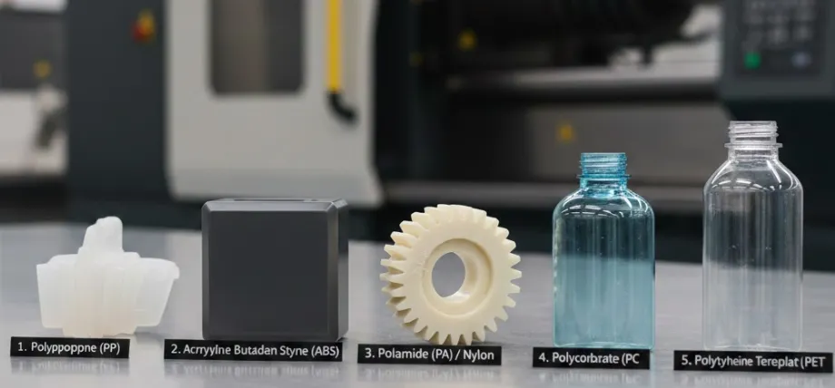 A display of various molded parts a gear, a cube, and bottles labeled with their material types like PP, ABS, and Nylon.