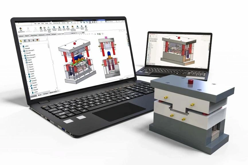 An illustration of injection mold design and a fabricated mold prototype