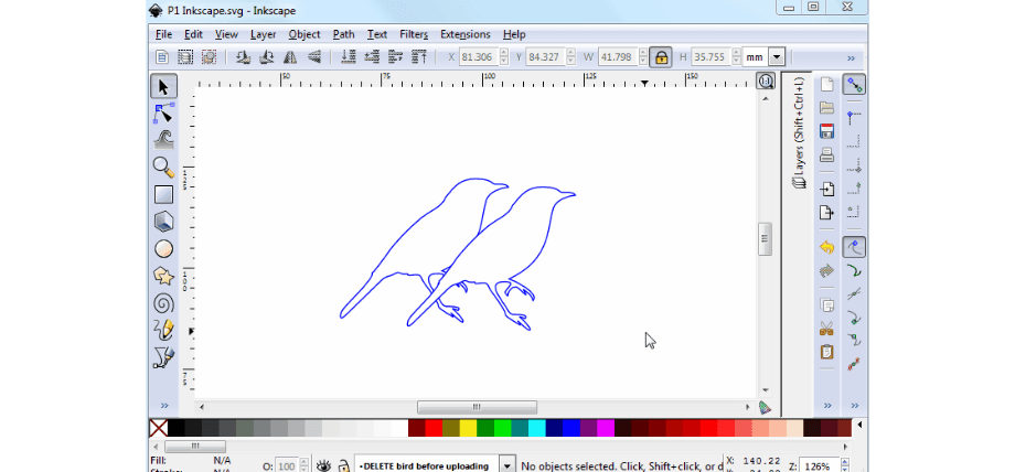 Inkscape interface displaying a simple blue vector outline of two birds on a branch.