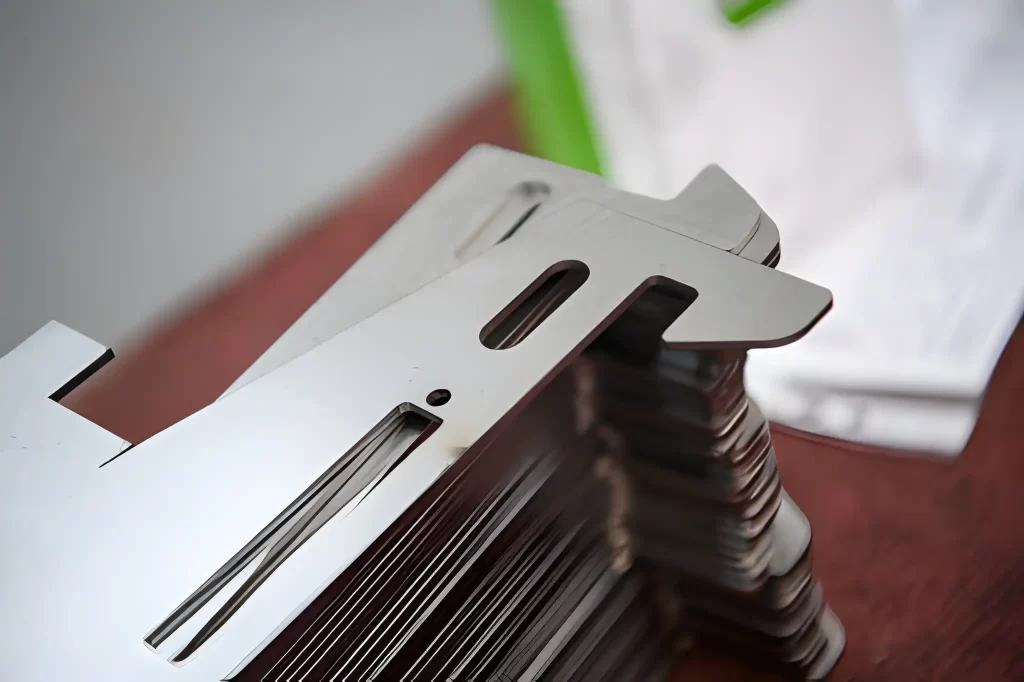 Stack of identical laser-cut metal pieces, neatly arranged.