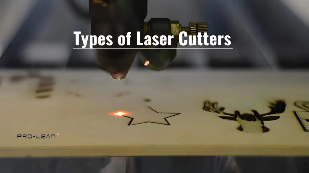 Feature image showing a laser cutting machining operating on a wood sheet with overlaid text (Types of laser cutters)