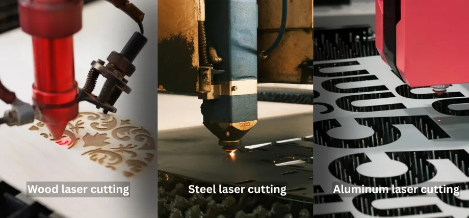 Three images showing laser cutting: engraving wood, piercing steel, and slicing aluminum with clean edges.