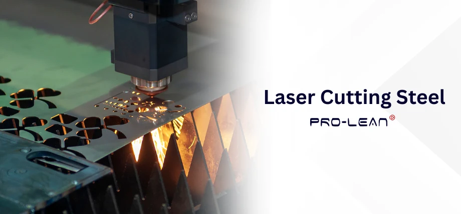 Laser cutter cutting holes in a steel sheet with text “Laser cutting steel” on right side
