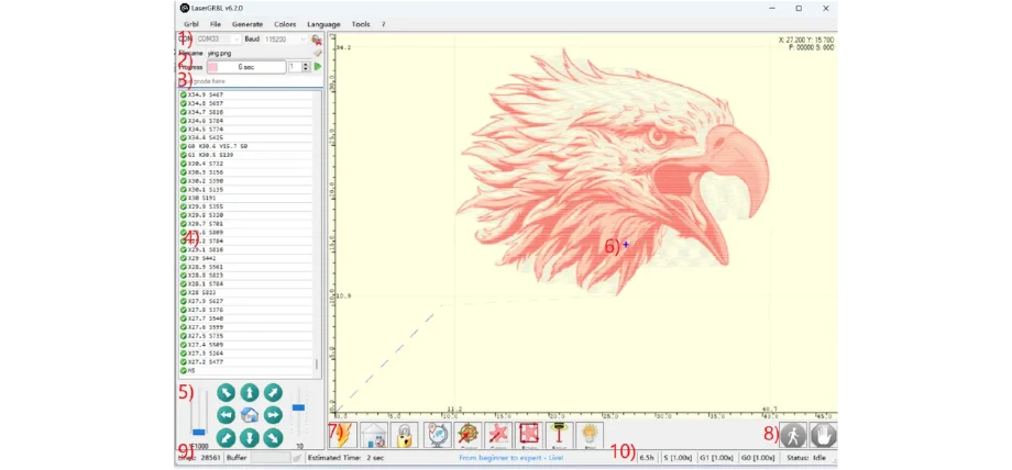 LaserGRBL software simulating an eagle engraving with red vector paths and parameter list.