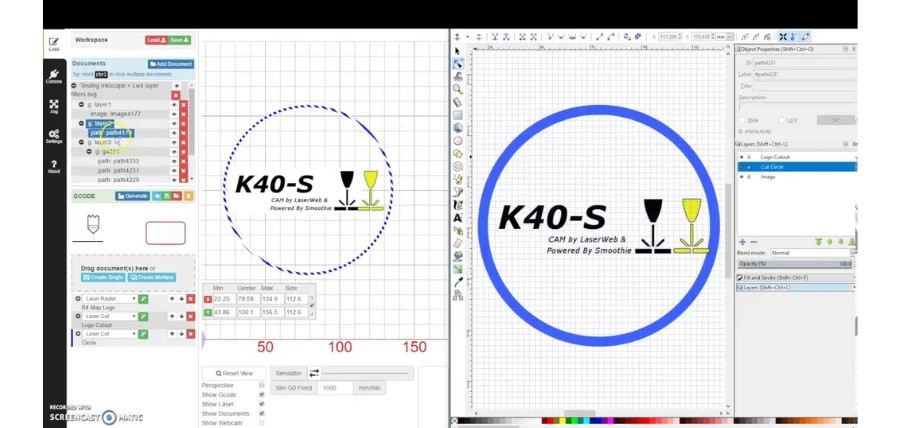 Dual software views: left shows CAM by LaserWeb & Smoothie for 