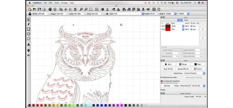 LightBurn interface preparing a detailed red vector owl design for laser cutting or engraving.