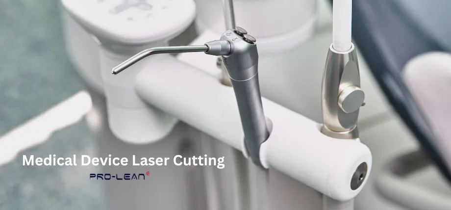 Close-up of a precision laser cutting tool labeled in a medical setting, featuring a metallic nozzle with text “Medical device laser cutting”