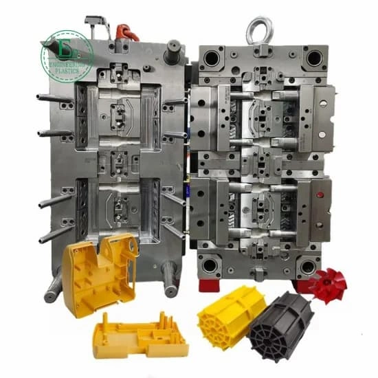 In illustration of an open mold and nylon plastic injection molding parts
