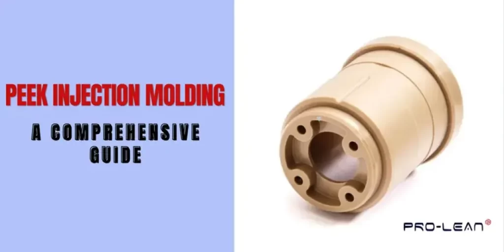 PEEK injection molding guide banner featuring beige cylindrical PEEK component with flanged mounting holes
