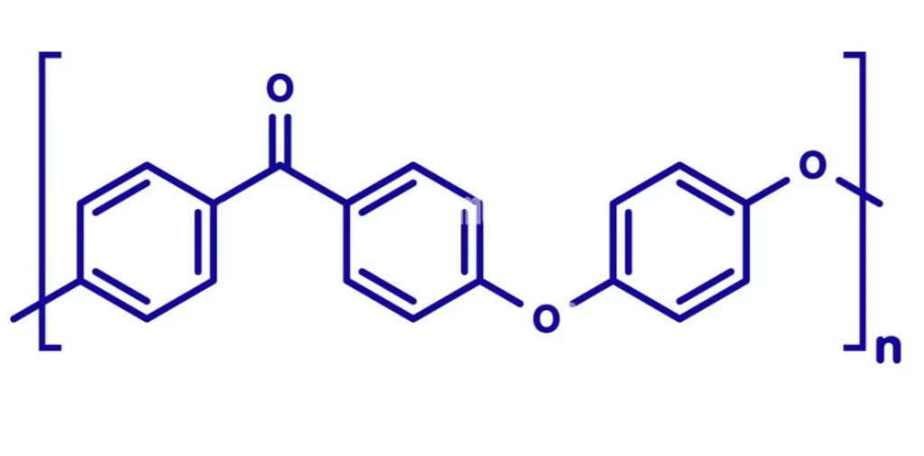 Chemical structure diagram of PEEK polymer showing repeating aromatic ether ketone units